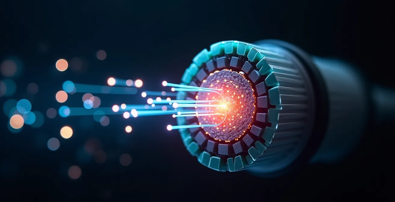 Macro shot of fiber optic cable cross-section showing light transmission capabilities