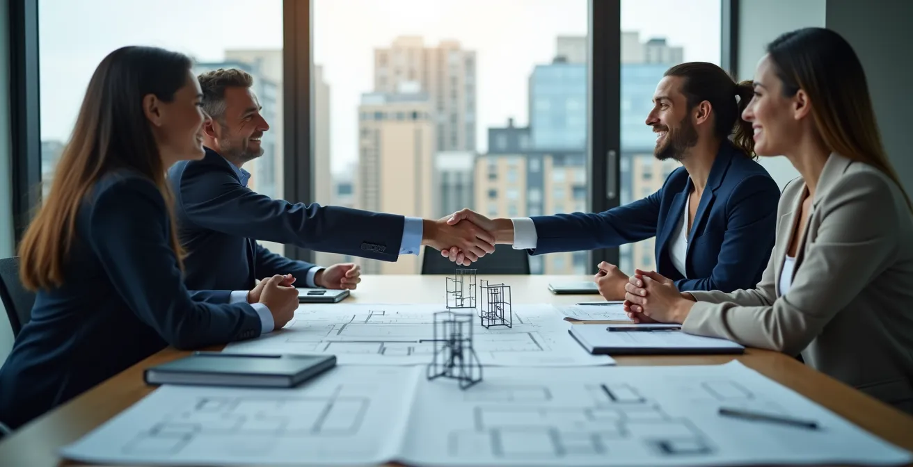 Business negotiation meeting for 5G rooftop antenna installation between telecom representatives and building owner