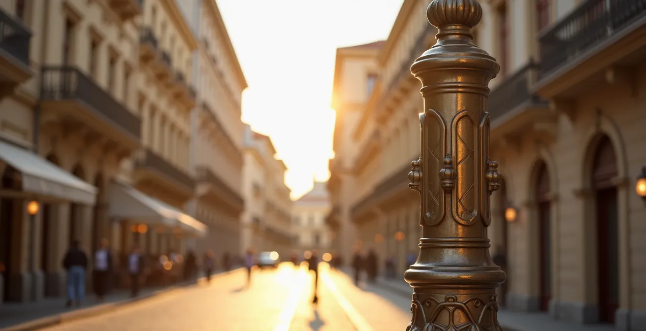 Artistically decorated 5G small cell pole integrated into historical city center streetscape
