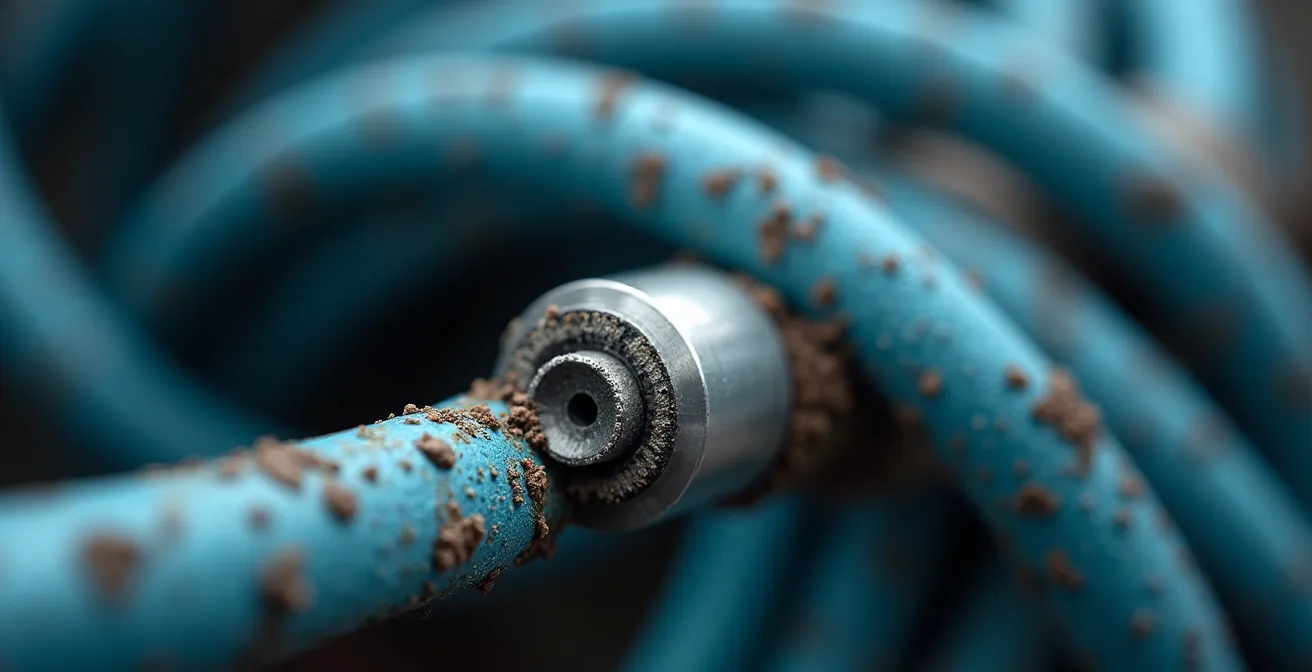 Extreme close-up of acoustic emission sensor attached to bridge cable showing micro-crack detection