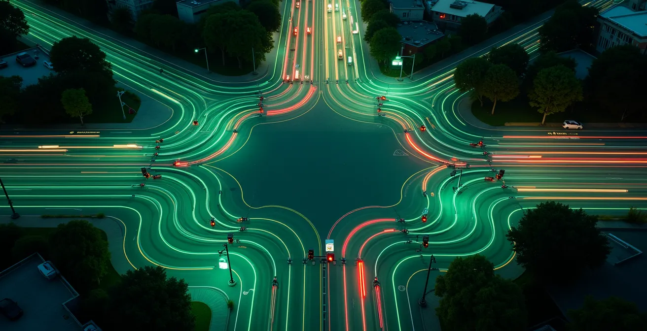 Aerial view of interconnected city intersections showing traffic flow optimization through adaptive signal control