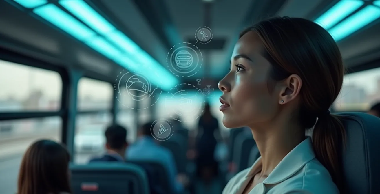 Interior view of autonomous bus showing calming ambient lighting and transparent route displays