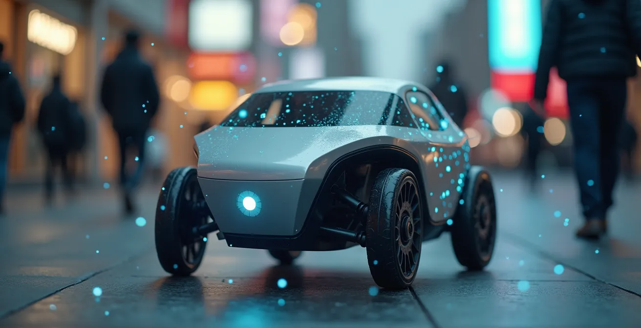 Close-up of autonomous delivery robot sensors detecting pedestrians on urban sidewalk