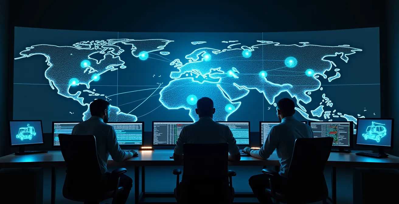 Control center showing abstract network visualization of autonomous fleet security monitoring
