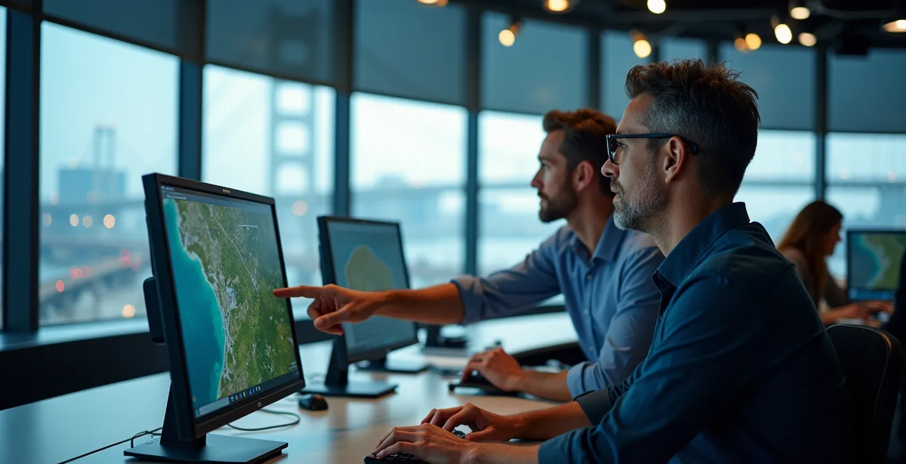 Wide angle view of infrastructure monitoring control room with operators analyzing bridge network data