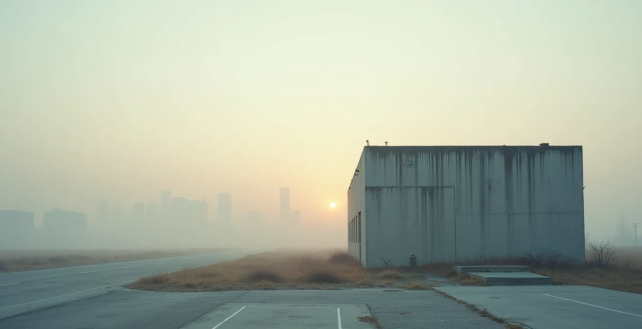 Wide environmental shot of aging infrastructure in urban context showing structural wear