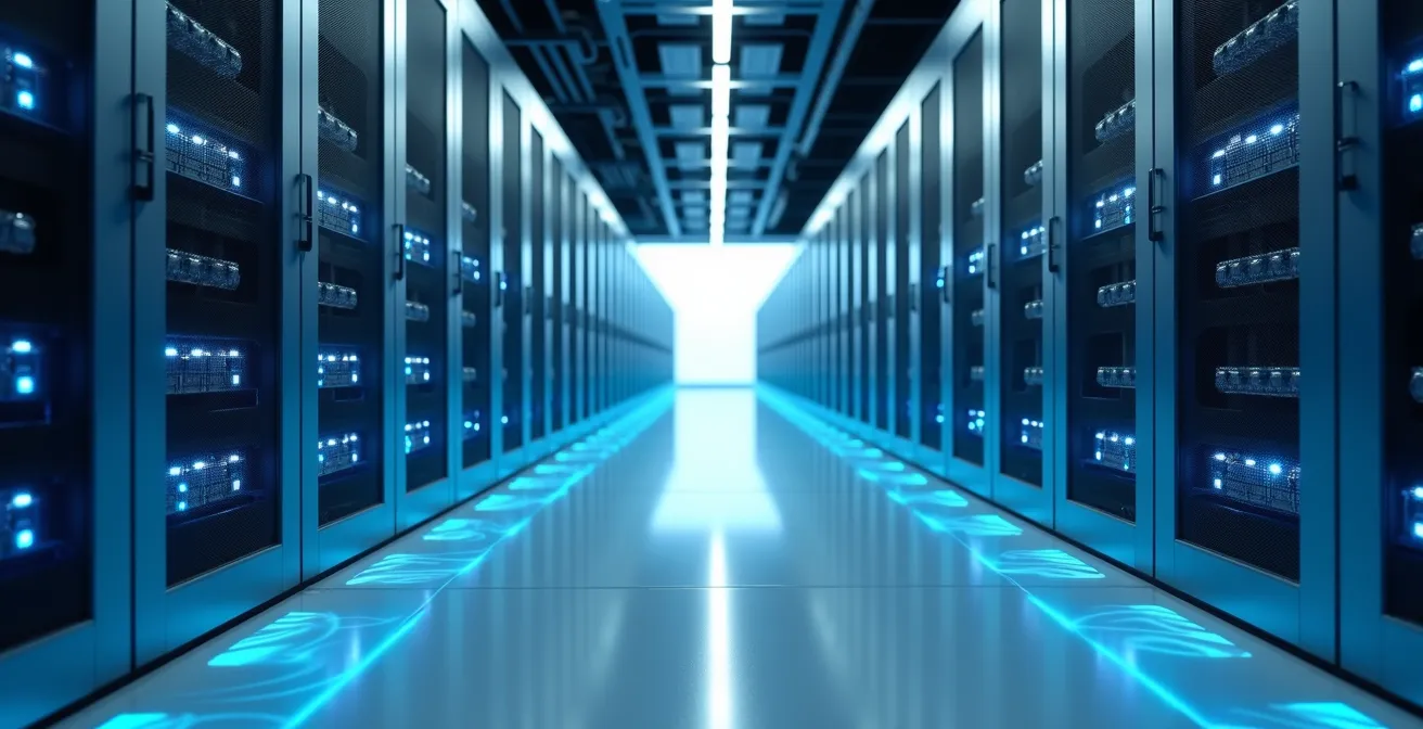 Minimalist view of a clean server room with abstract light patterns representing data flow optimization