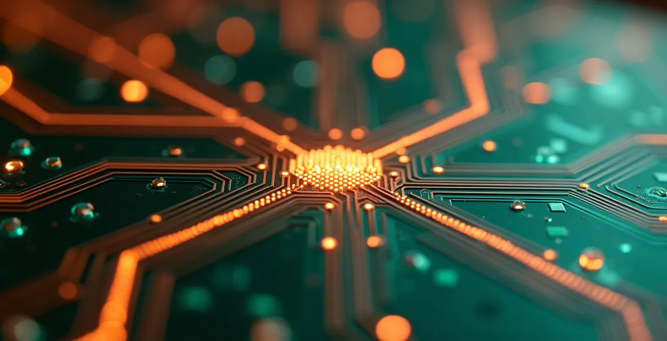 Abstract visualization of CPU scheduling conflicts causing gaming micro-stutters