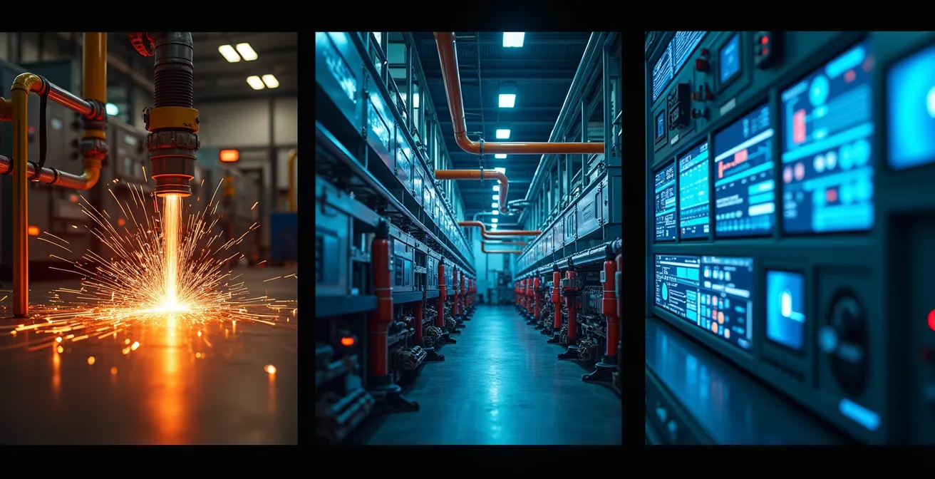 Three-phase visual timeline showing maintenance transformation journey from reactive to predictive approach