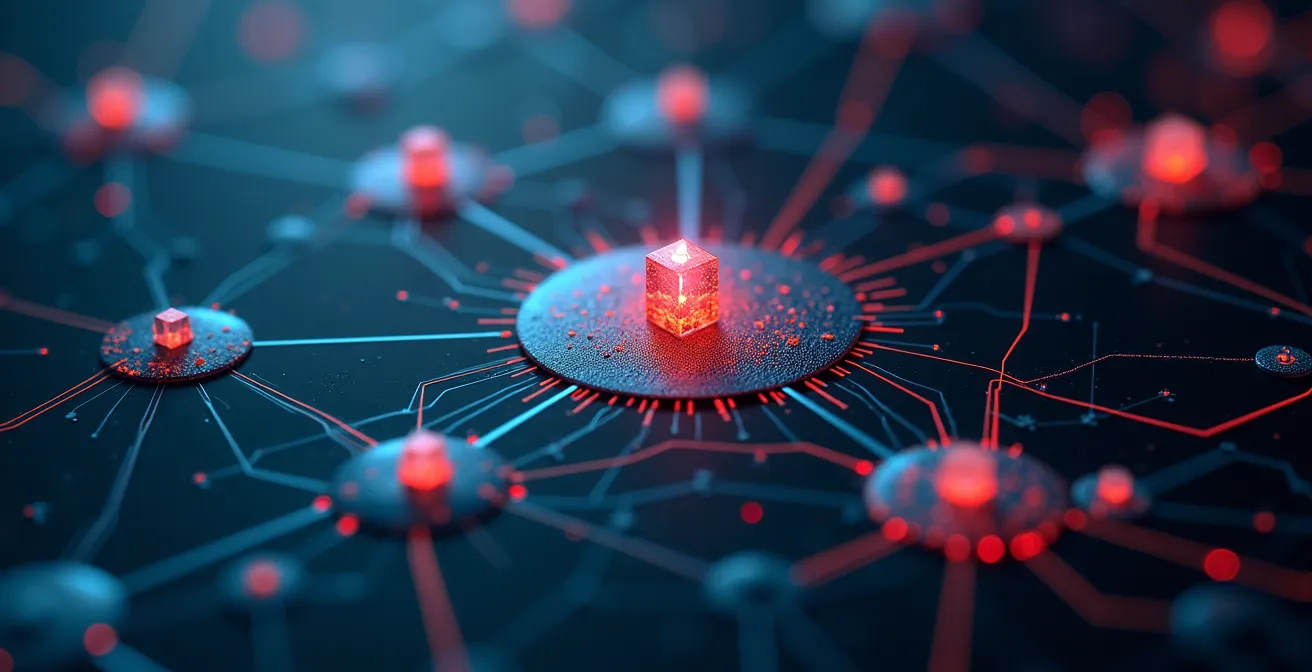 Macro view of interconnected data nodes with highlighted vulnerability points in abstract network