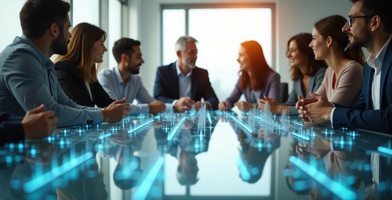 Cross-functional team examining data patterns for neural network training