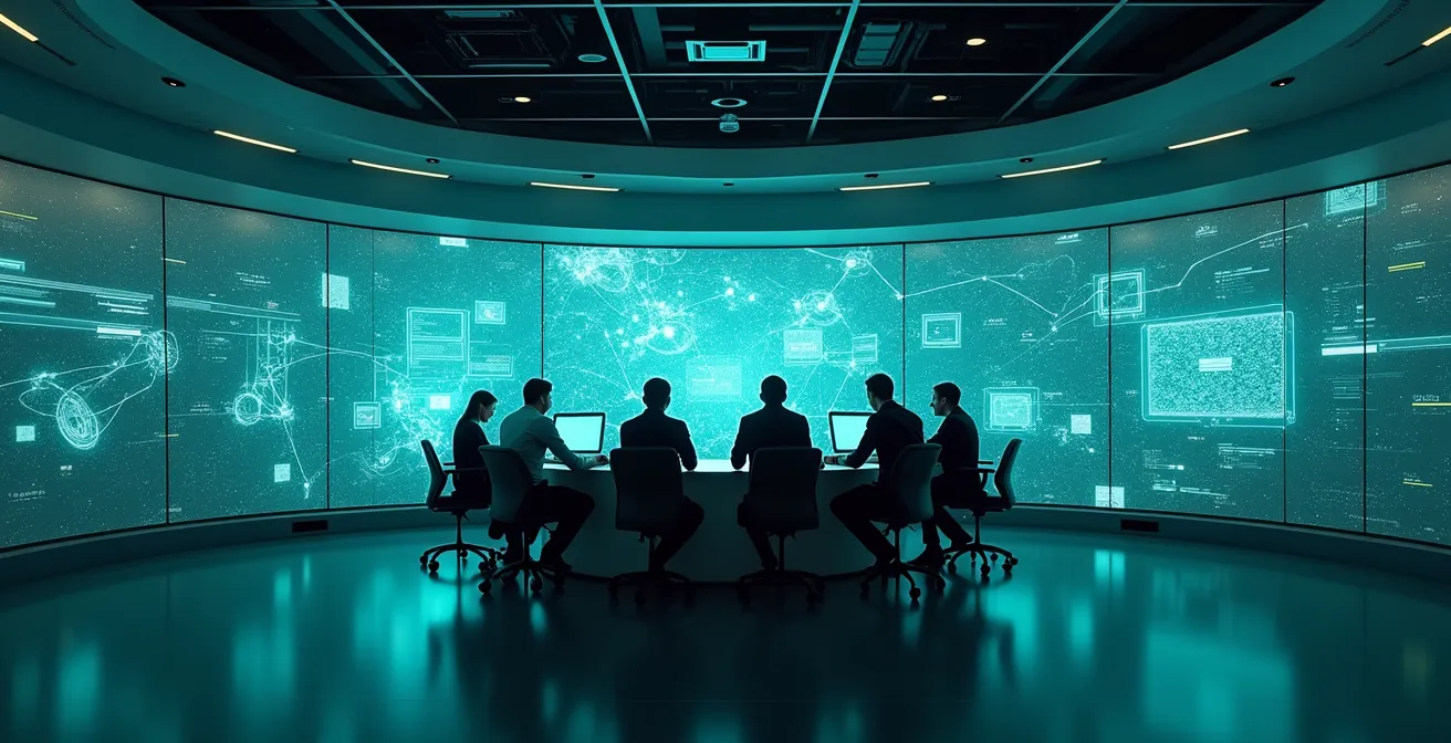 Control room with engineers analyzing power grid digital twin visualization