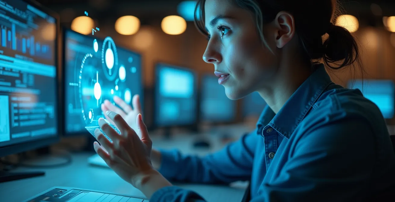 Engineer analyzing digital twin simulation data on holographic display