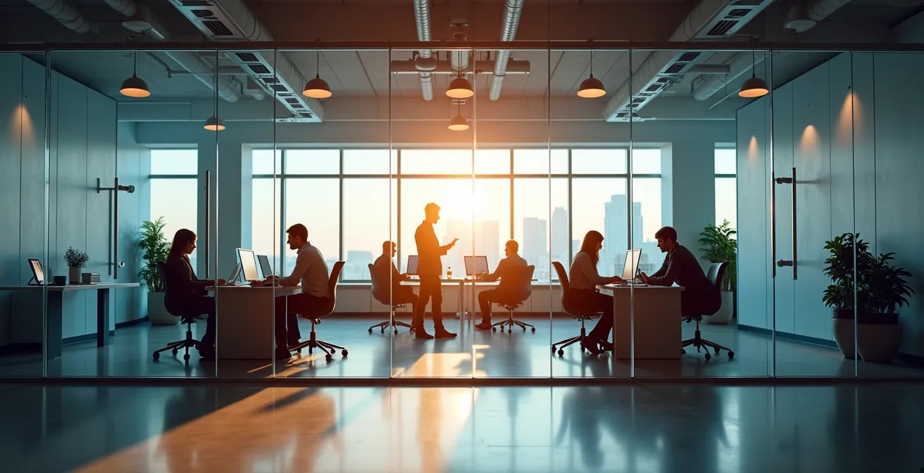 A split workspace visualization with a traditional, focused office on one side and a collaborative innovation lab on the other, symbolizing a dual-speed organization.