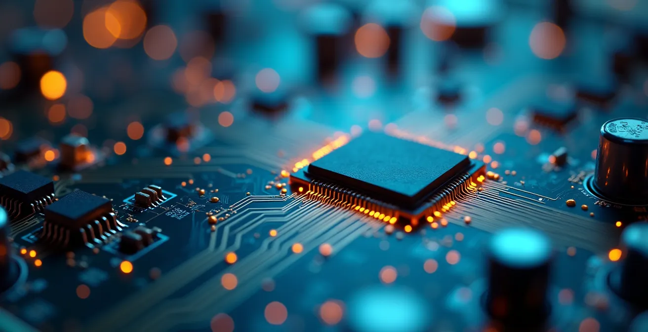 Close-up macro shot of miniaturized neural network processing chip