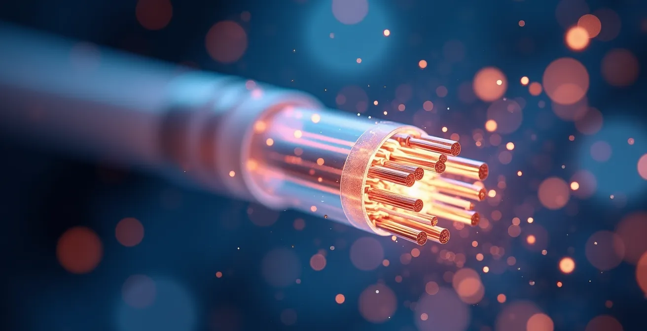 Close-up macro view of fiber optic cable cross-section showing light pulses traveling through multiple cores
