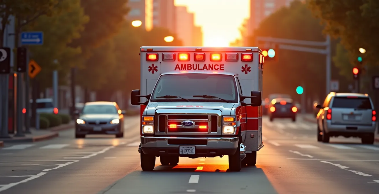 Emergency vehicle approaching intersection with traffic signals creating priority green corridor