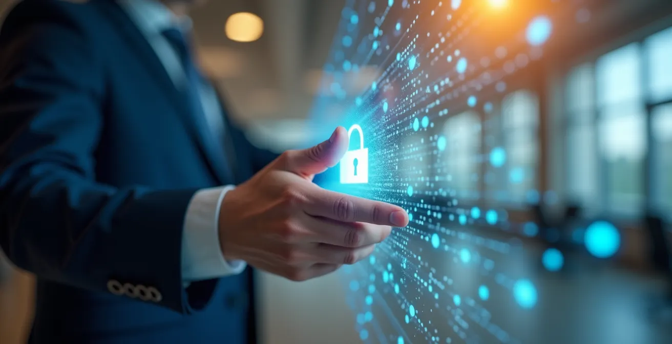 Human hand seamlessly passing through holographic security barrier showing frictionless protection