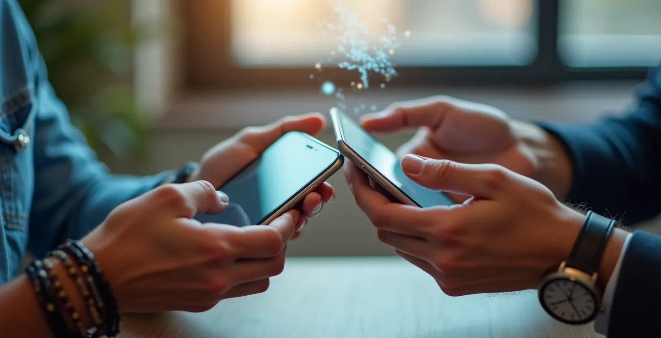 Two people verifying encryption keys through physical proximity