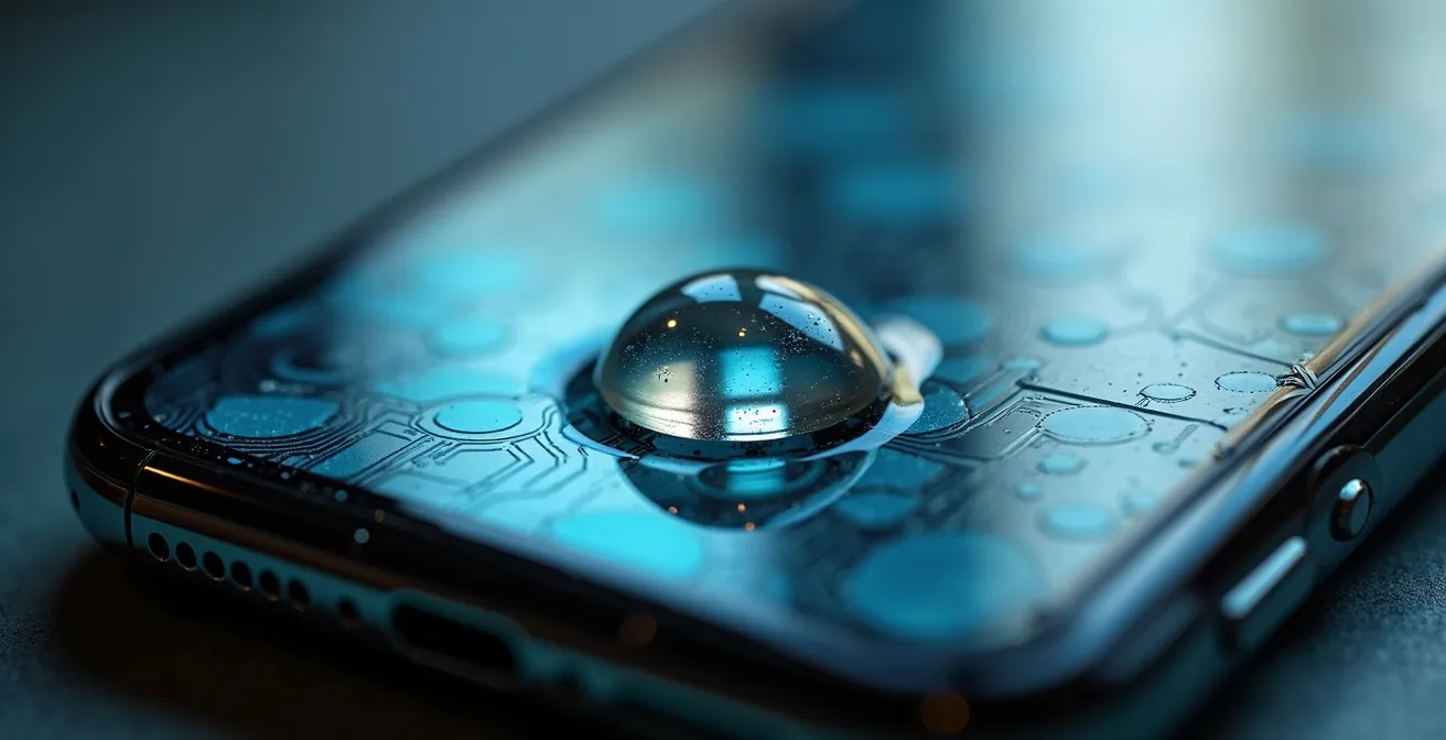 Extreme close-up of smartphone surface showing microscopic vulnerabilities