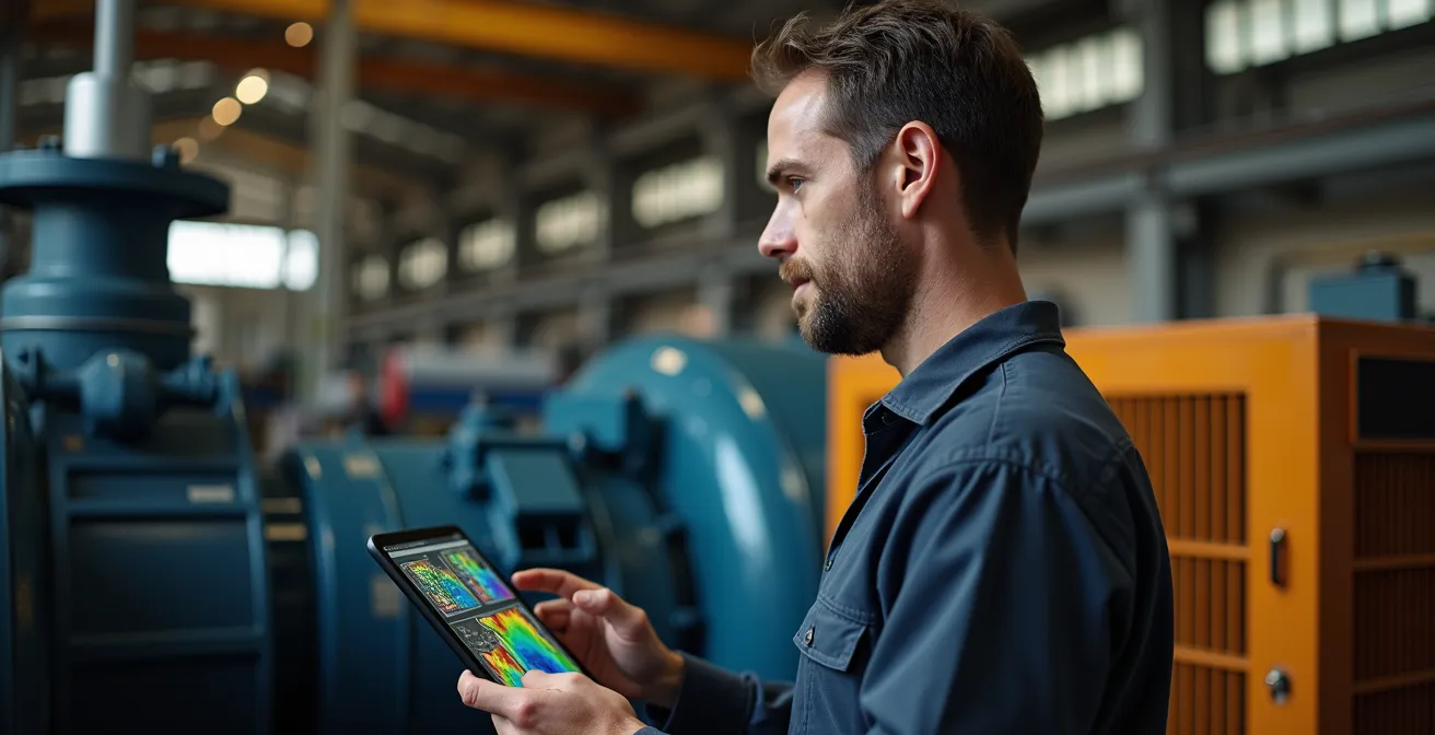 Maintenance technician analyzing sensor data patterns with confidence scores displayed