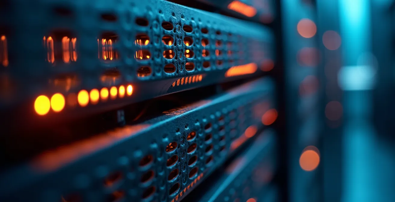 Macro view of server rack airflow patterns showing hot and cold aisle separation