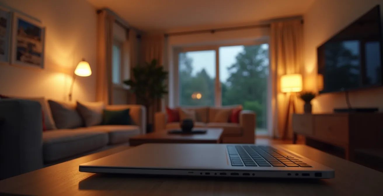 Wide shot of modern home interior showing connected devices