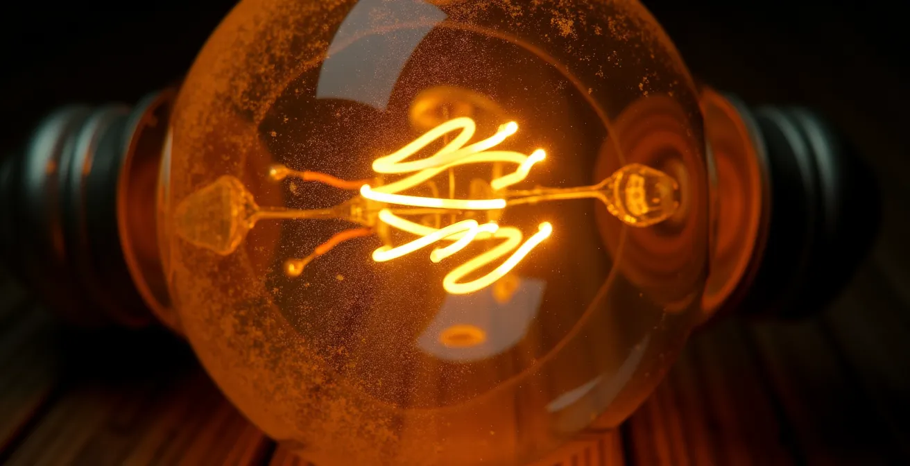 Extreme close-up of a vintage light bulb filament glowing with warm orange light against deep shadows