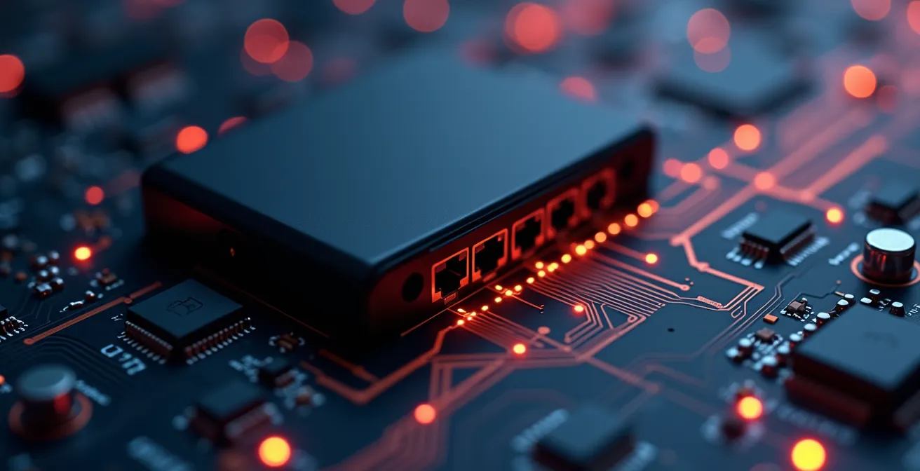 Close-up macro shot of a Matter bridge device connecting various legacy smart home protocols