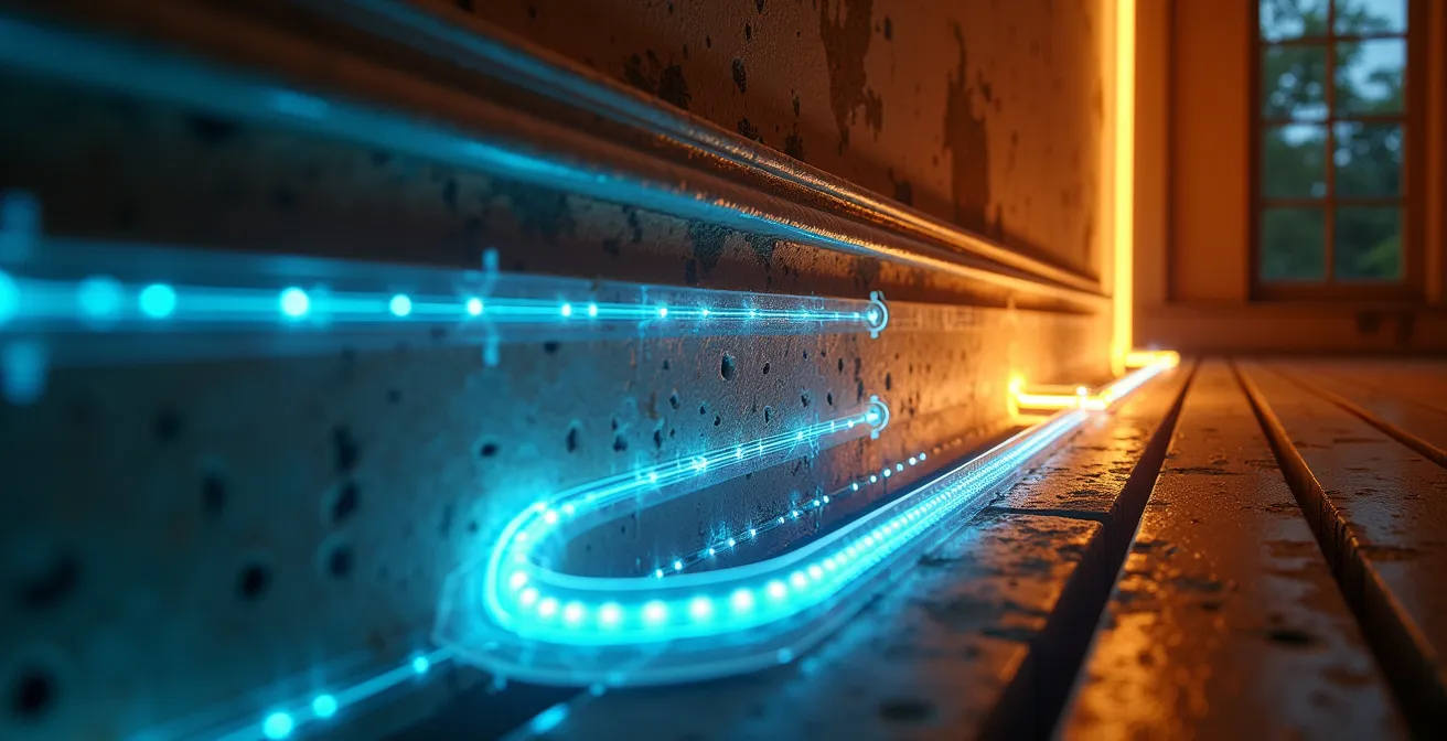 Cross-section view of historic home showing fiber cable routing through existing conduits