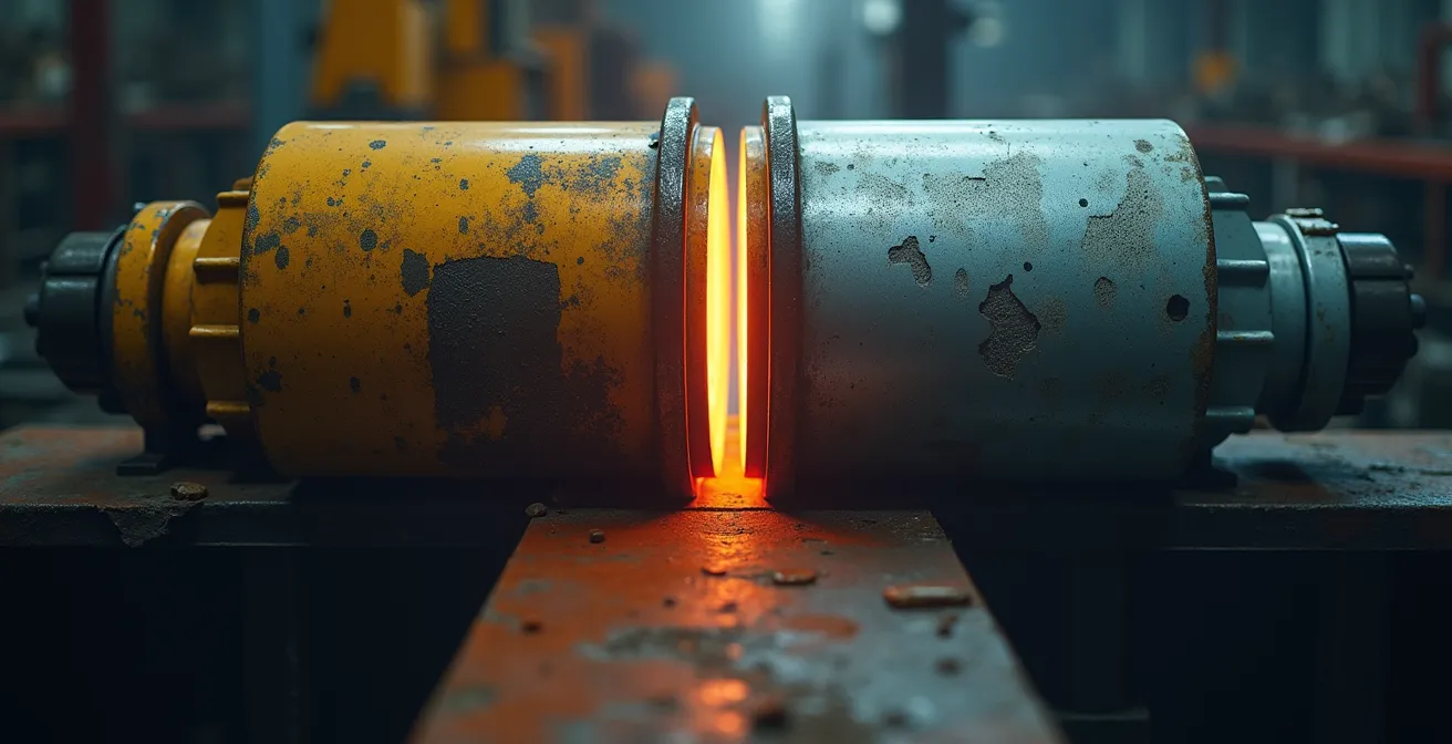 Split view of old and new manufacturing equipment showing upgrade transformation