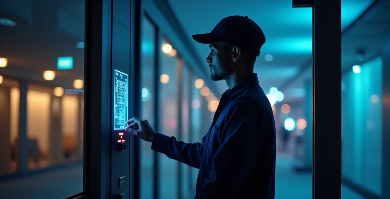 Night scene of delivery driver using smart lock system at commercial building entrance