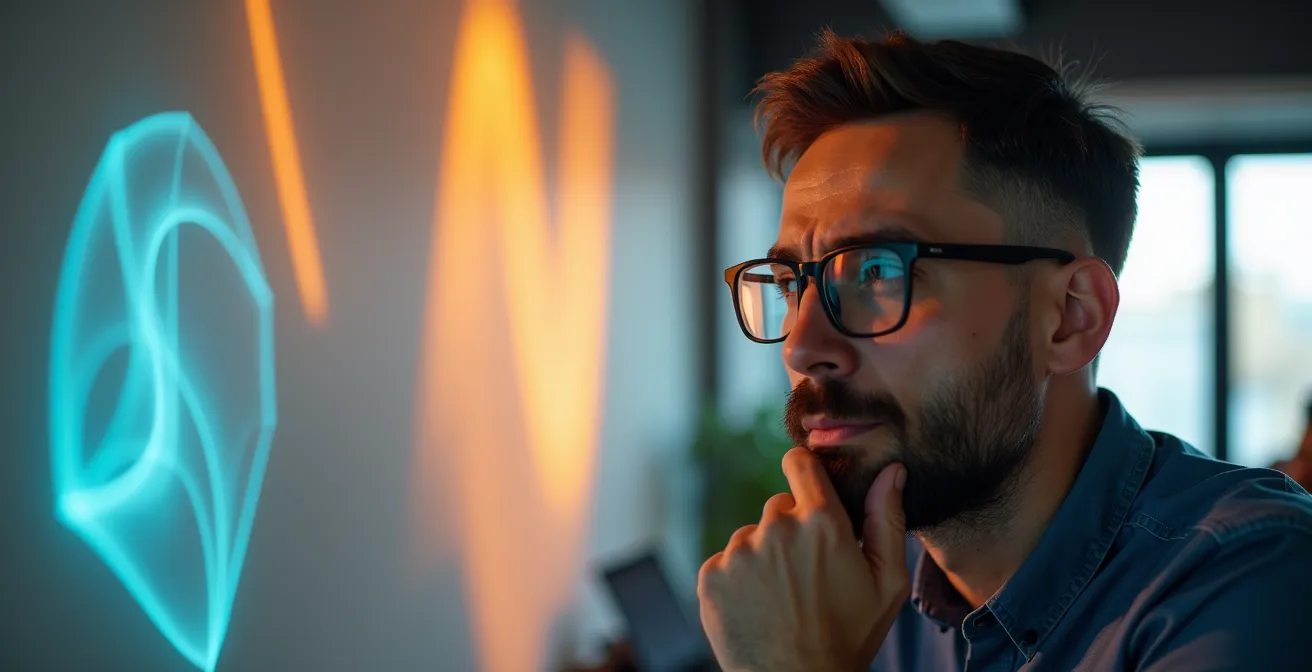 Engineer analyzing complex data patterns on multiple screens showing training vs validation curves