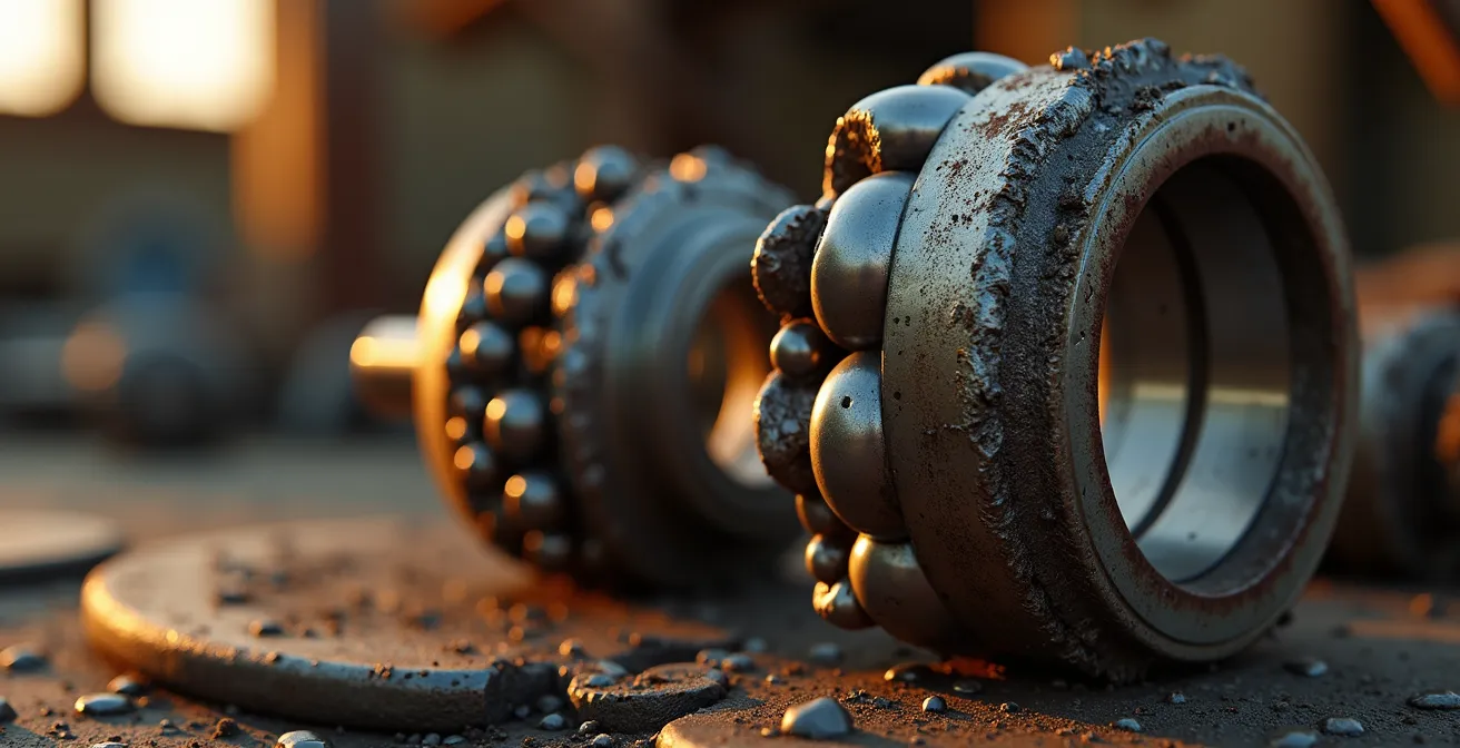 Macro shot of industrial bearing showing wear patterns and optimal replacement timing indicators