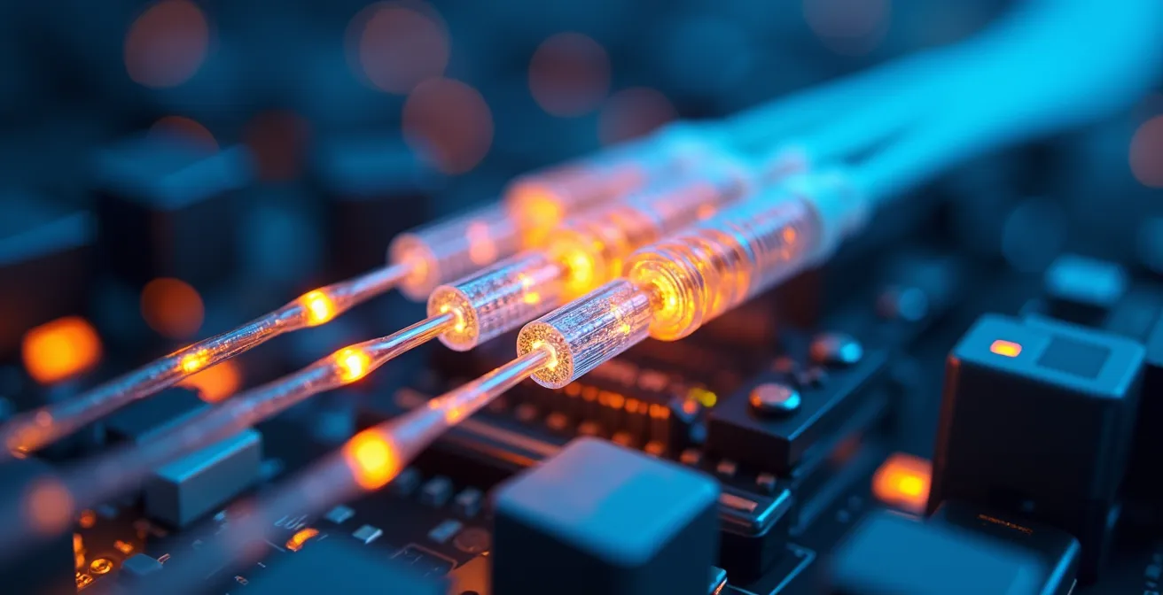 Macro shot of fiber optic cables with light pulses representing data flow