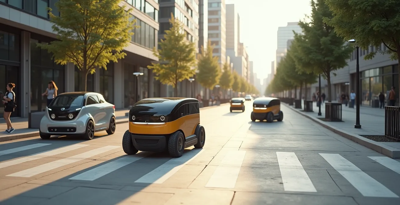 Wide angle view of autonomous delivery robots operating in designated urban zones with infrastructure adaptations