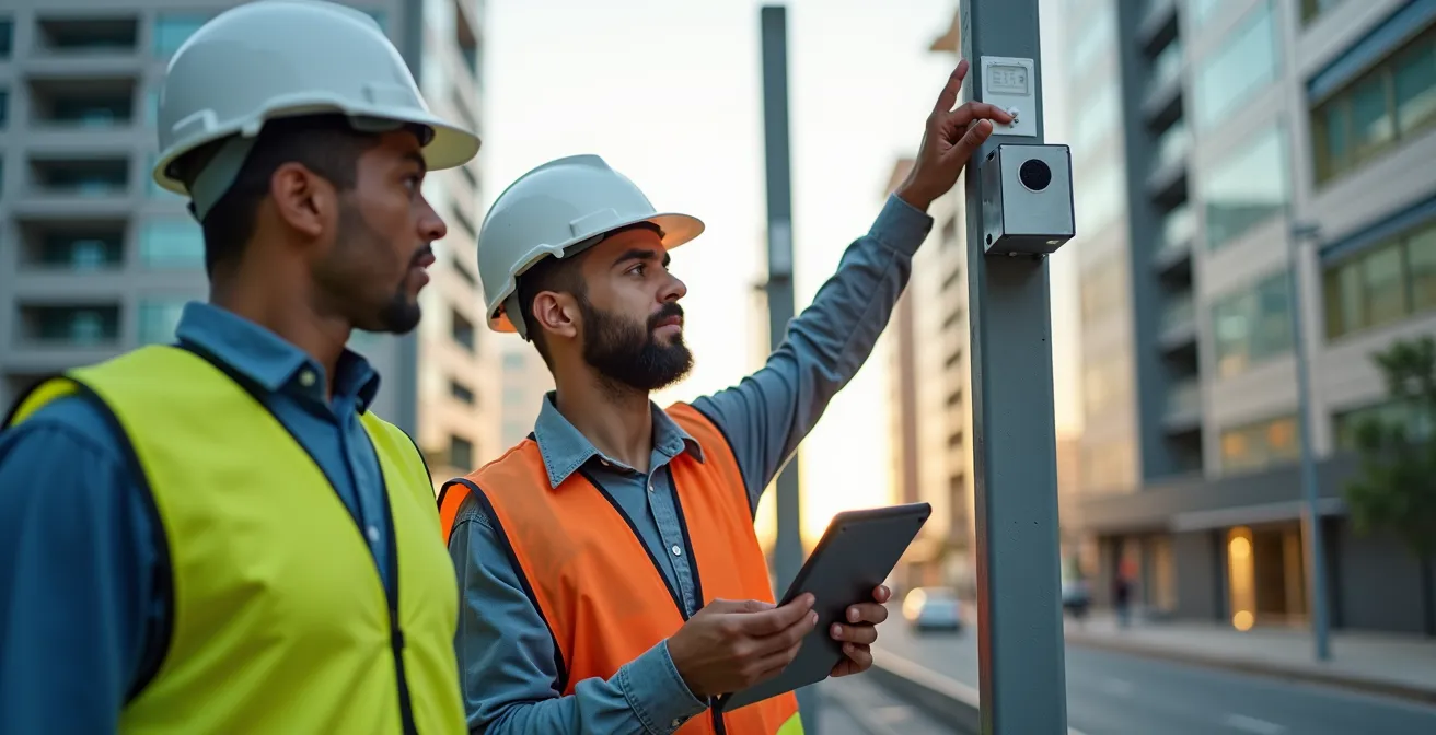 Wide shot of urban command center with maintenance crews working on smart infrastructure