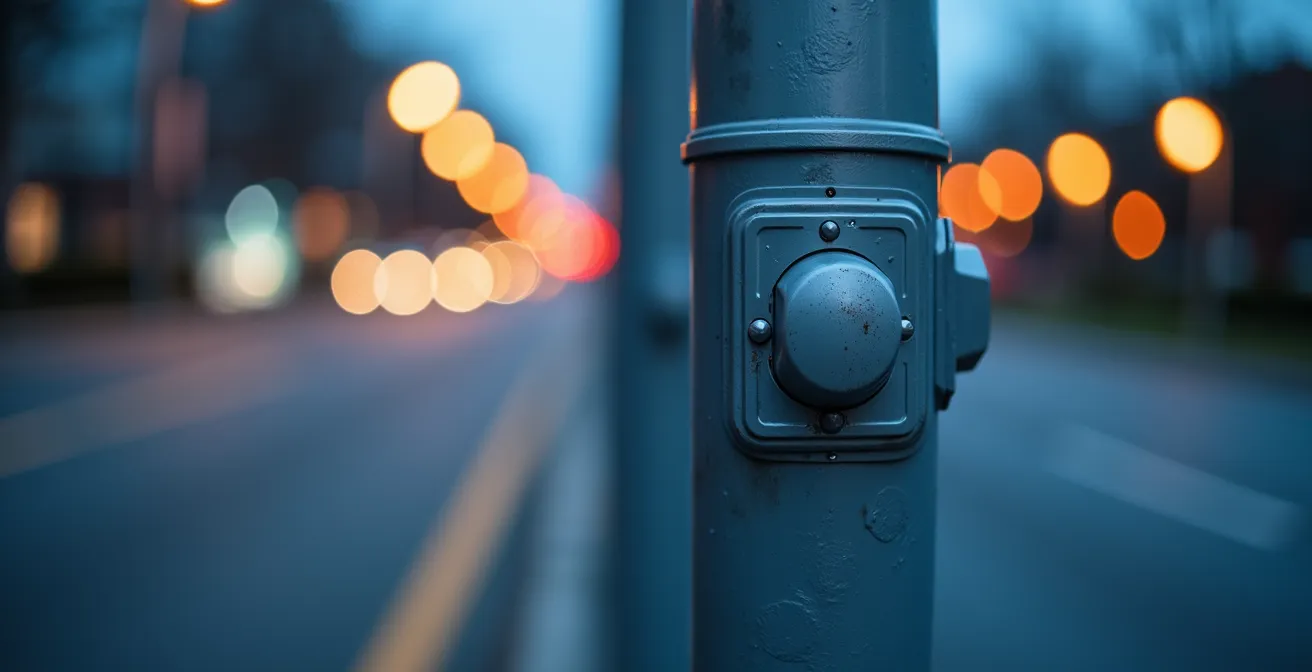 Close-up of modern LED streetlight pole with integrated sensors and 5G equipment at twilight