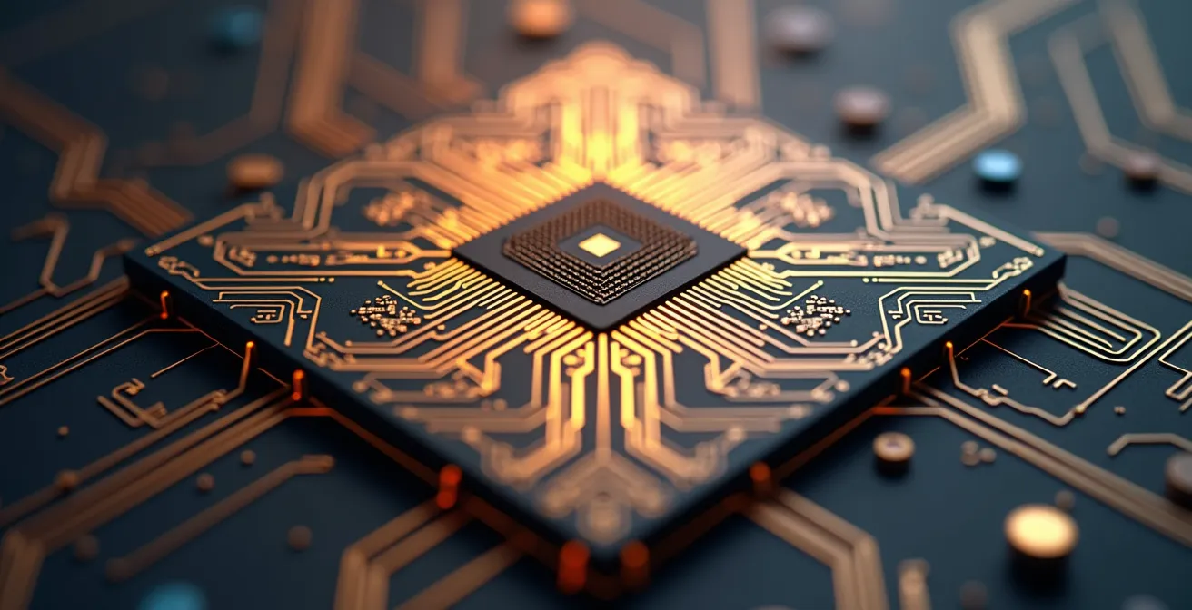 Close-up macro shot of solid-state LiDAR silicon photonics chip showing integrated MEMS mirrors and SPAD arrays