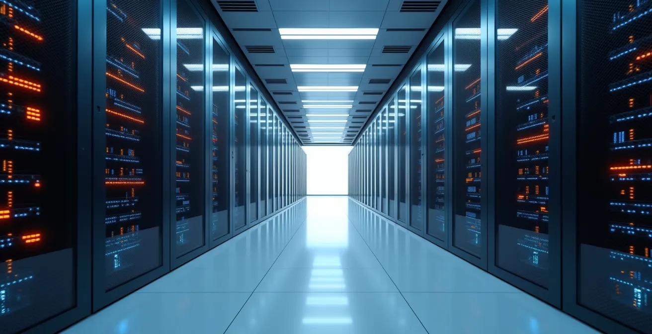 Data center infrastructure showing tiered storage systems from memory to archive