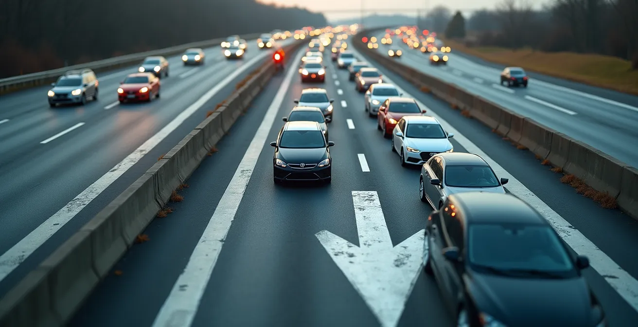 Highway ramp metering system showing controlled vehicle release to prevent downstream congestion