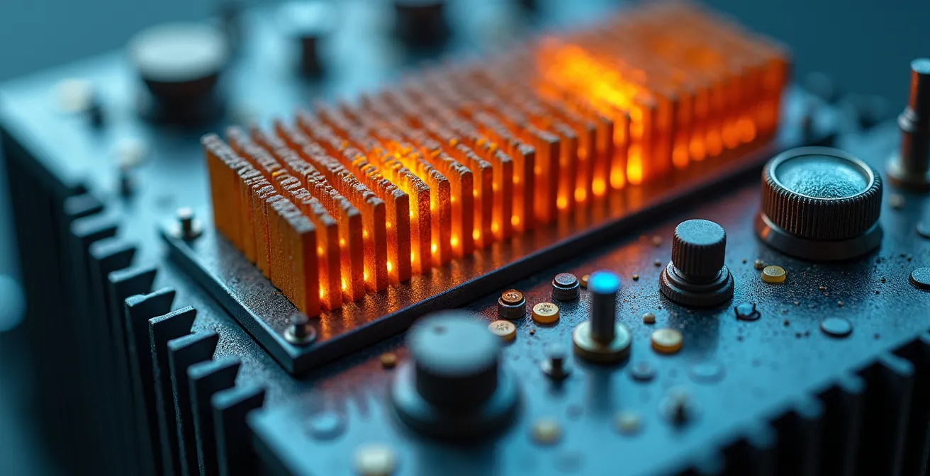 Close-up macro view of transformer monitoring equipment showing thermal patterns and diagnostic sensors