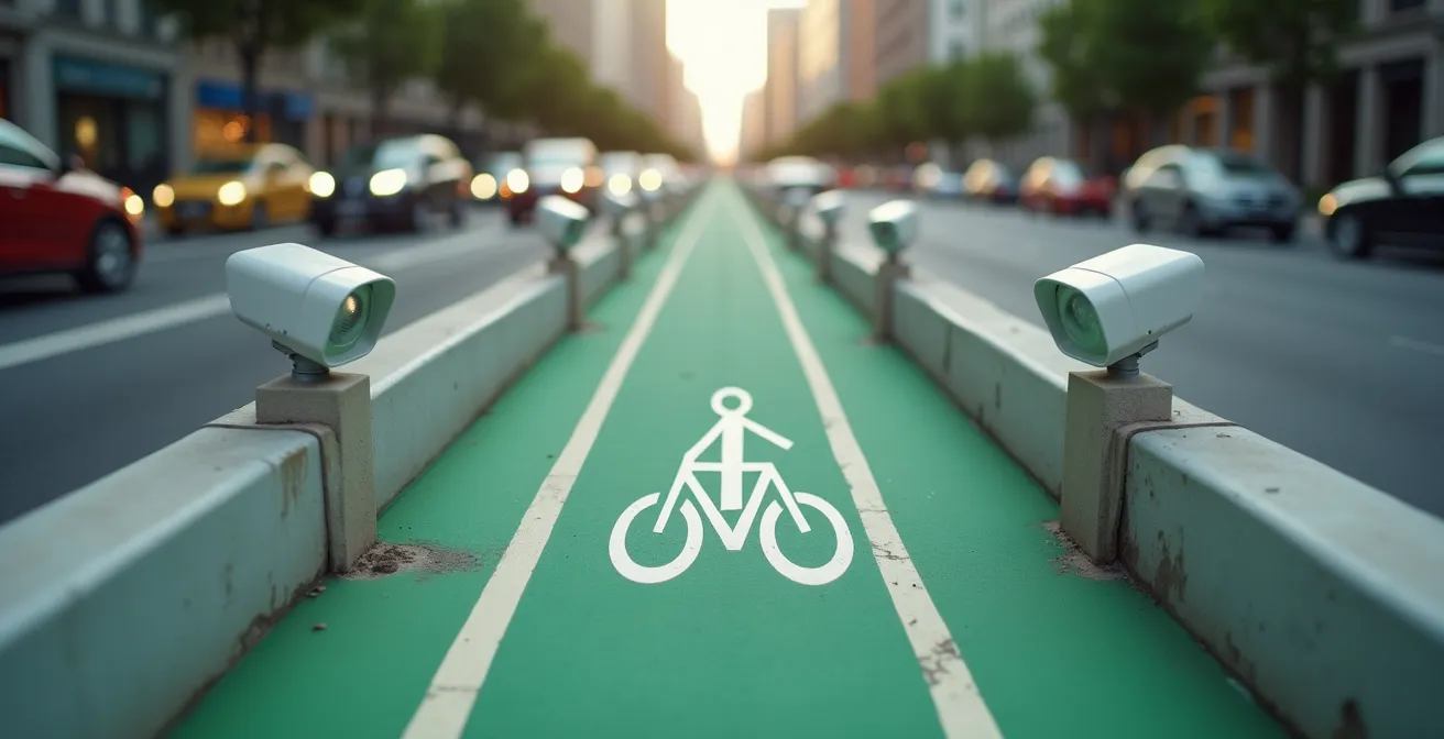 Aerial view of urban bike lane with IoT sensors monitoring air quality improvements