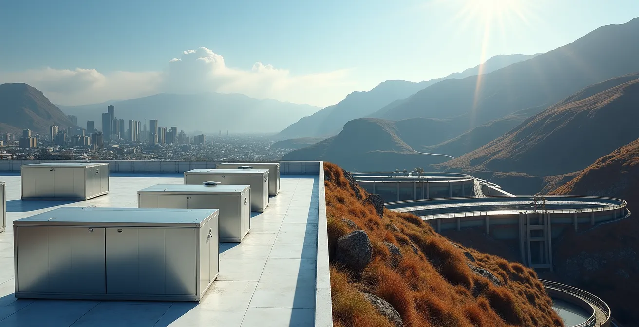 Split-view comparison of urban battery storage facility and pumped hydro reservoir system