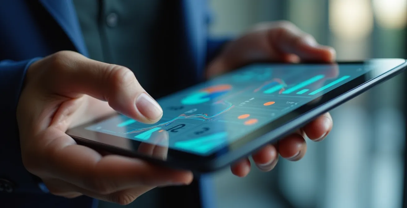 Close-up of hands analyzing VR training metrics on tablet showing declining accident rates graph