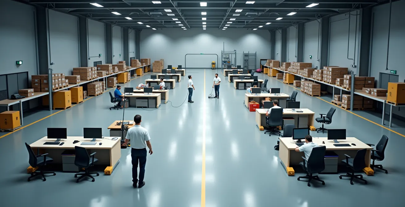 Overhead view of warehouse training area showing standalone VR stations and PC-tethered setup zones