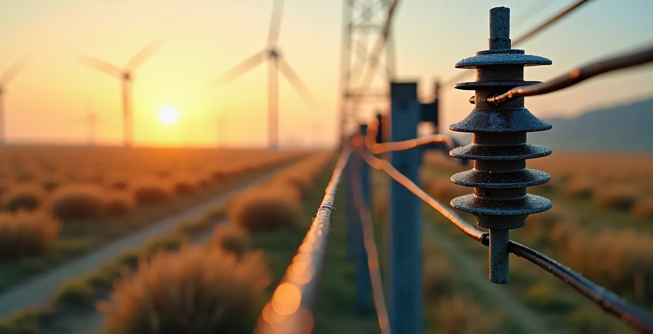 Aerial view of wind turbines with abstract energy flow patterns showing grid congestion points
